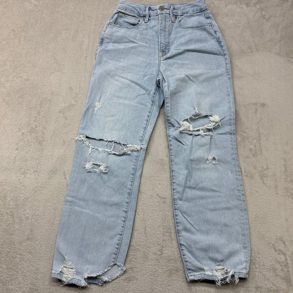Good American Straight Good Leg Jeans Womens 0/25 Light Blue Distressed Raw‎ Hem